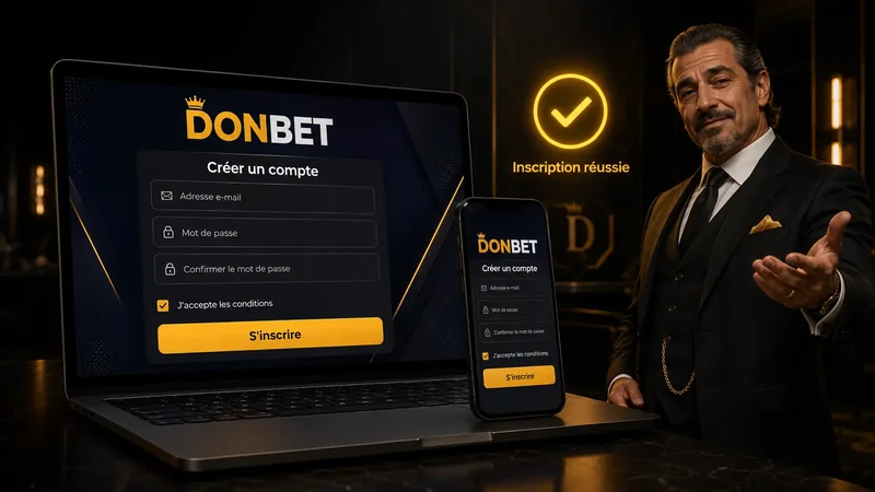 Formulaire d'inscription Donbet France avec les champs nom, adresse, date de naissance et code promo